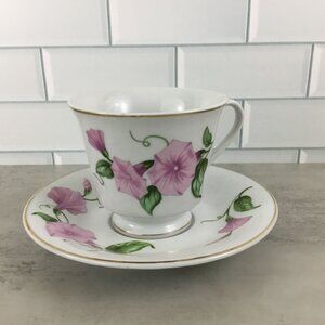 Teleflora Tea Cup and Saucer  Pink Flowers Greenery Gold Trim